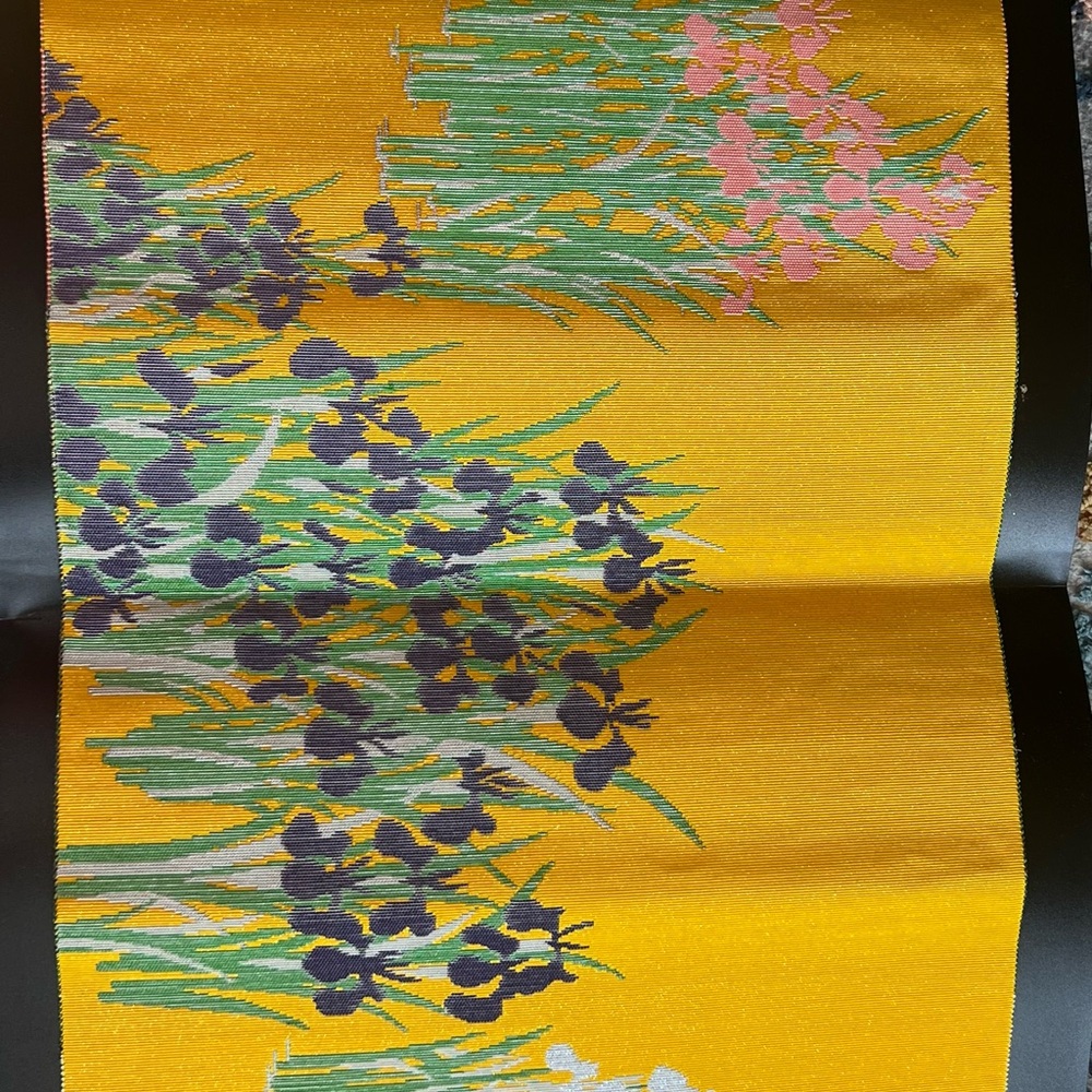 Vintage Japanese Silk Table Linen Hakata Weaving Irises Silk Woven 24x12.5